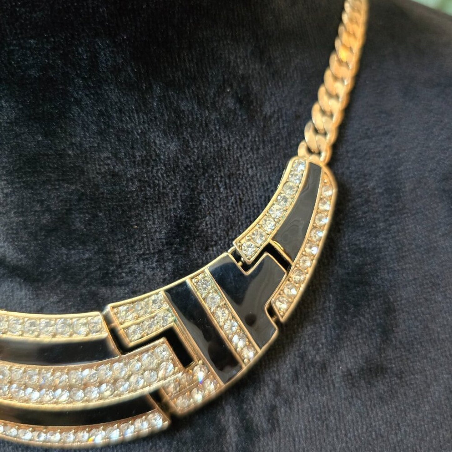 Womens Black Enamel Clear Rhinestones Statement Collar Necklace w/ Lobster Clasp