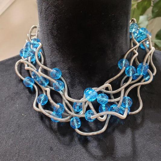 Women Fashion Multistrand Silver Wire Blue Rhinestones Beaded Collar Necklace