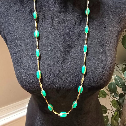 Womens Green Gold Tone Rhinestone Linked Chain Necklace Jewelry w/ Lobster Clasp
