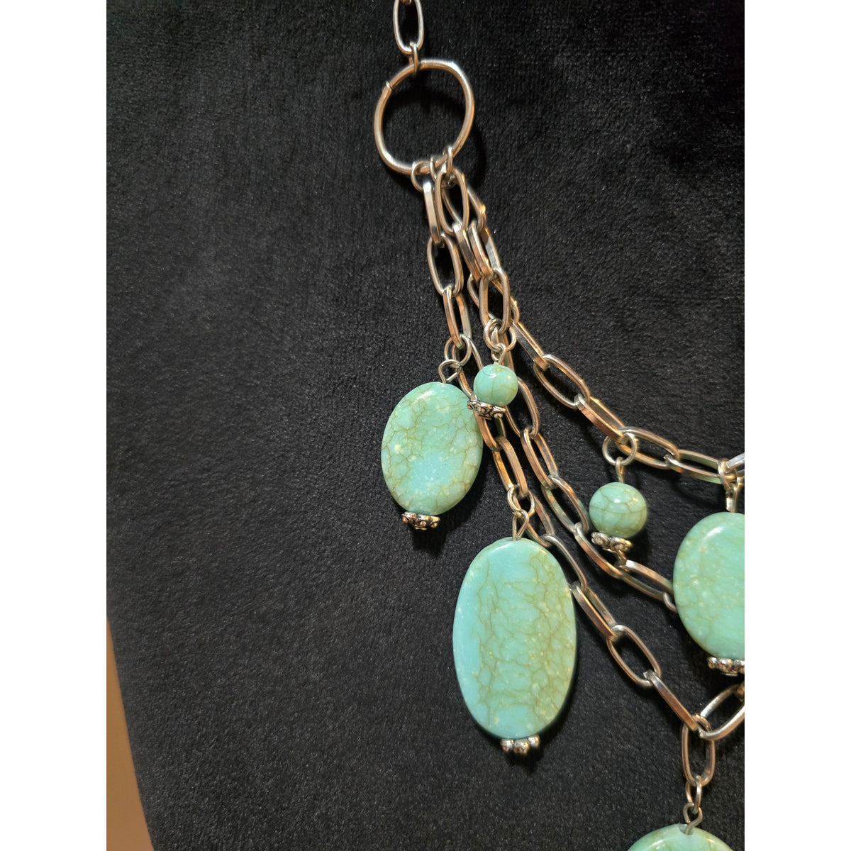 Women's Chunky Multi Strand Silver Tone Necklace Green Stone Statement Bib