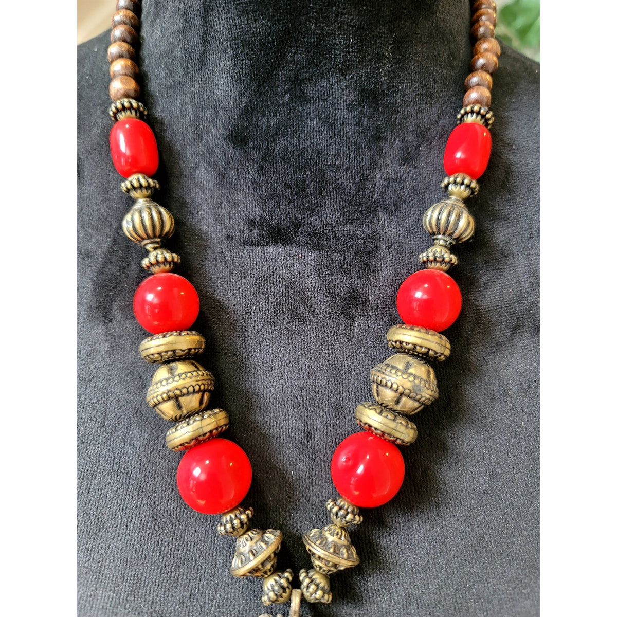 Boho Red Coral Medallion Pendant Necklace Turquoise Beaded Tribal Statement