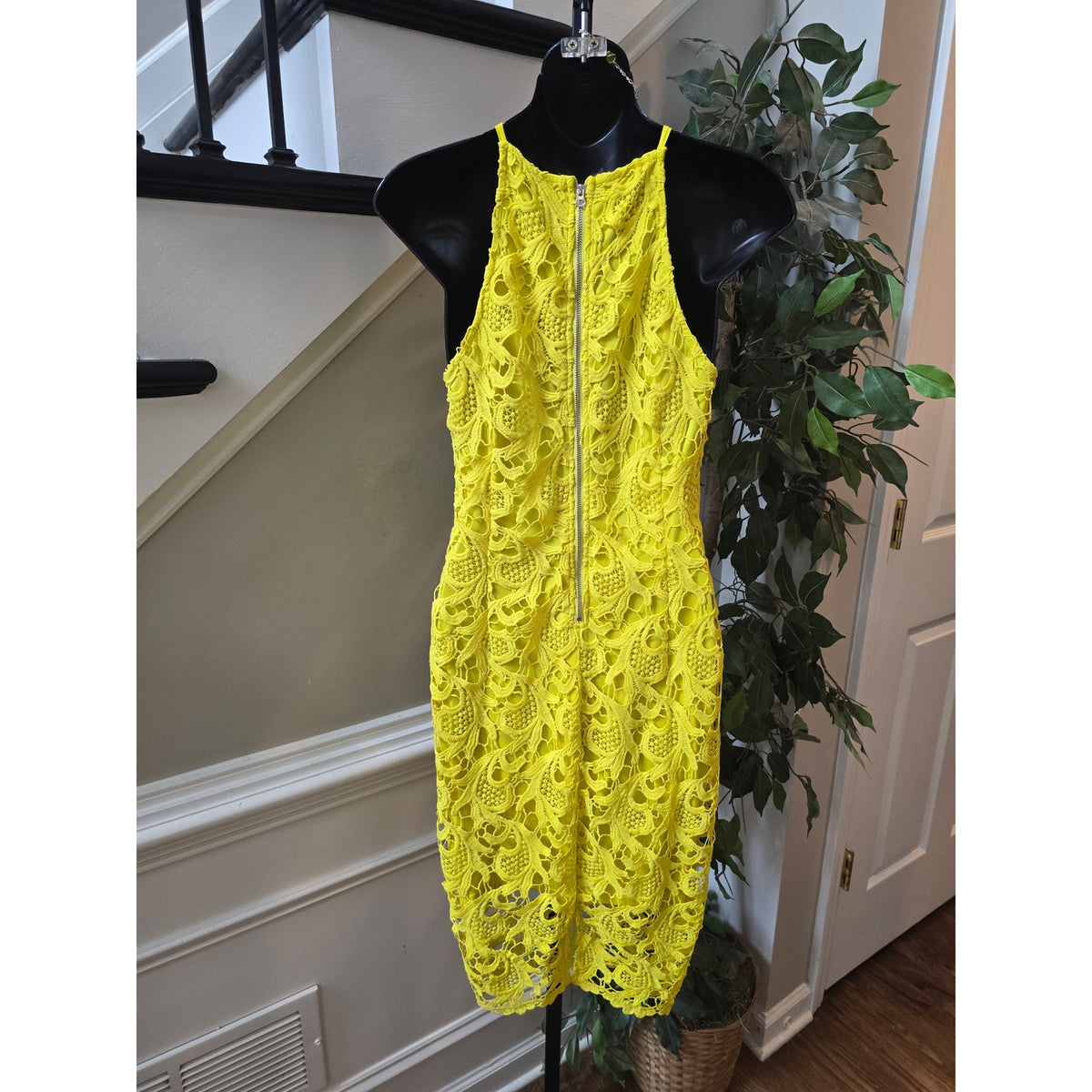 Midi Dress Womens Chest XS Yellow Floral Crochet Lace Back Zipper Halter Neck .