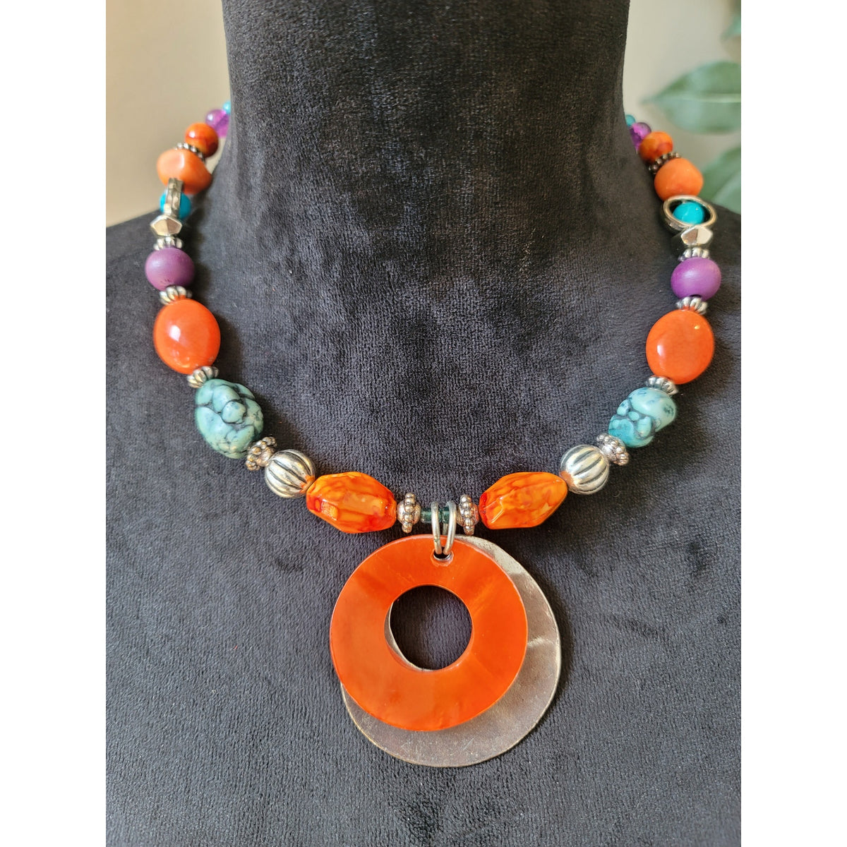 Women's Colorful Beaded Statement Necklace With Orange Circle Pendant Design