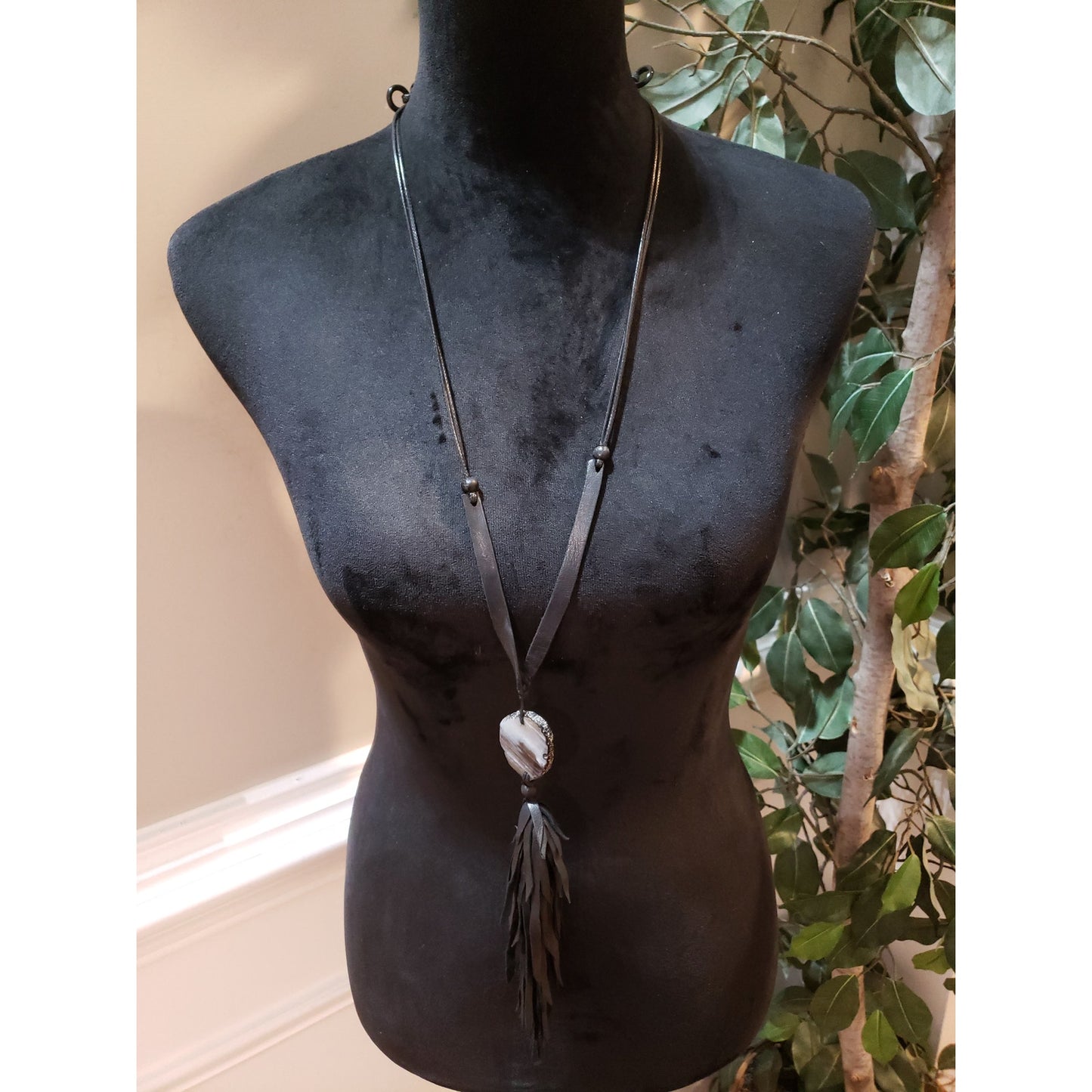Womens 2 Strand Cord White Agate Stone Leather Tassel Charm Pendant Necklace