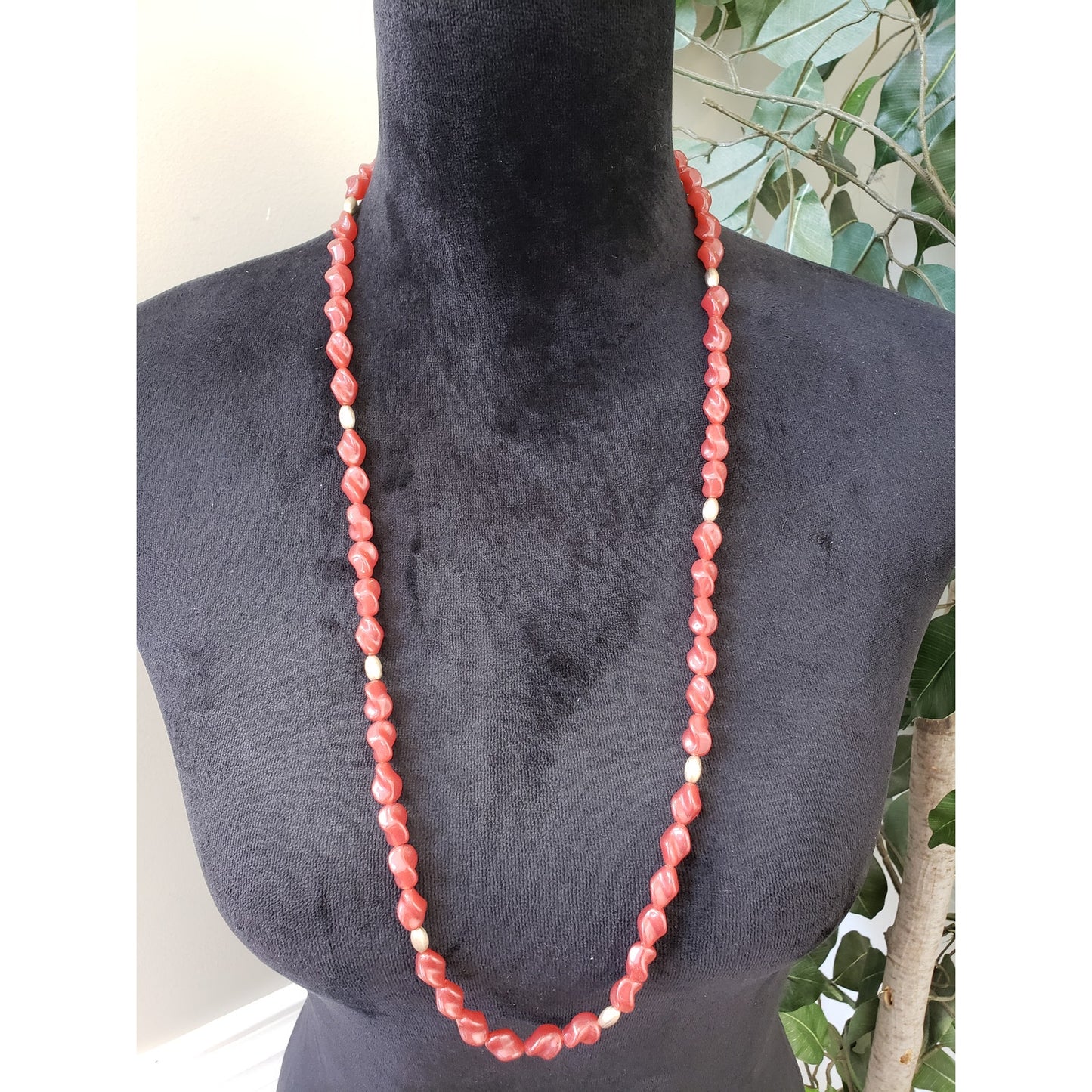 Womens Fashion Coral Oblong Lucite Beads Long Necklace Jewelry w/ Barrel Clasp