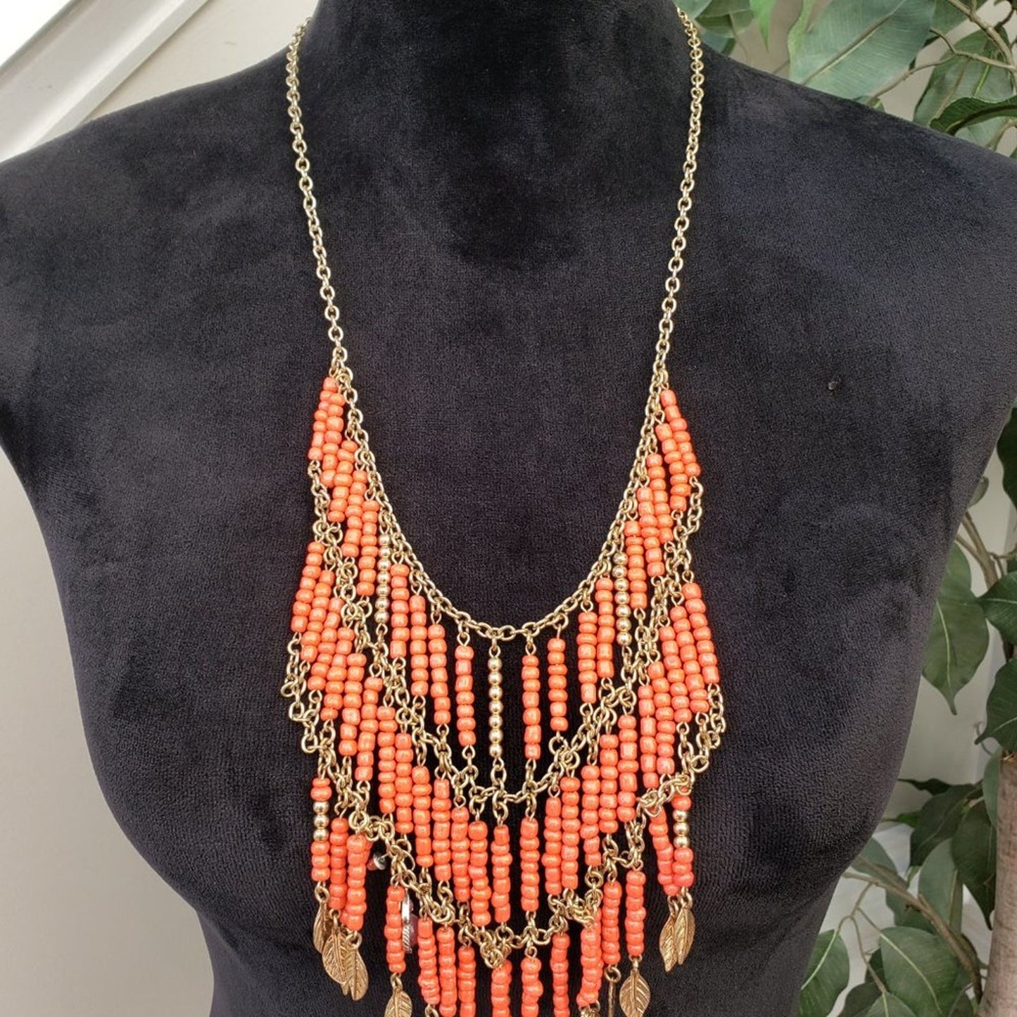 Womens Orange Tribal Beads Gold Tone Link Chain Statement Necklace Lobster Clasp