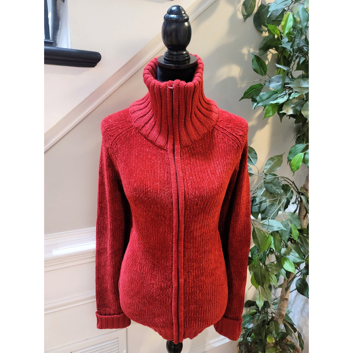 Carolyn Taylor Cardigan Sweater Women's Small Red Ribbed Collar Front Zipper