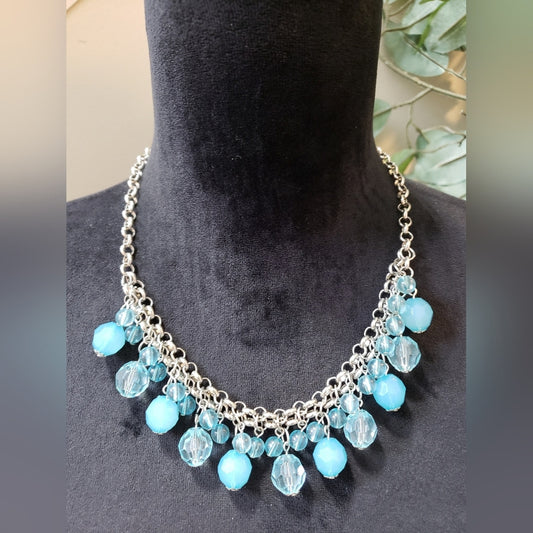 Womens Blue Skies Acrylic Faceted Beads Silver Toe Link Chain Statement Necklace