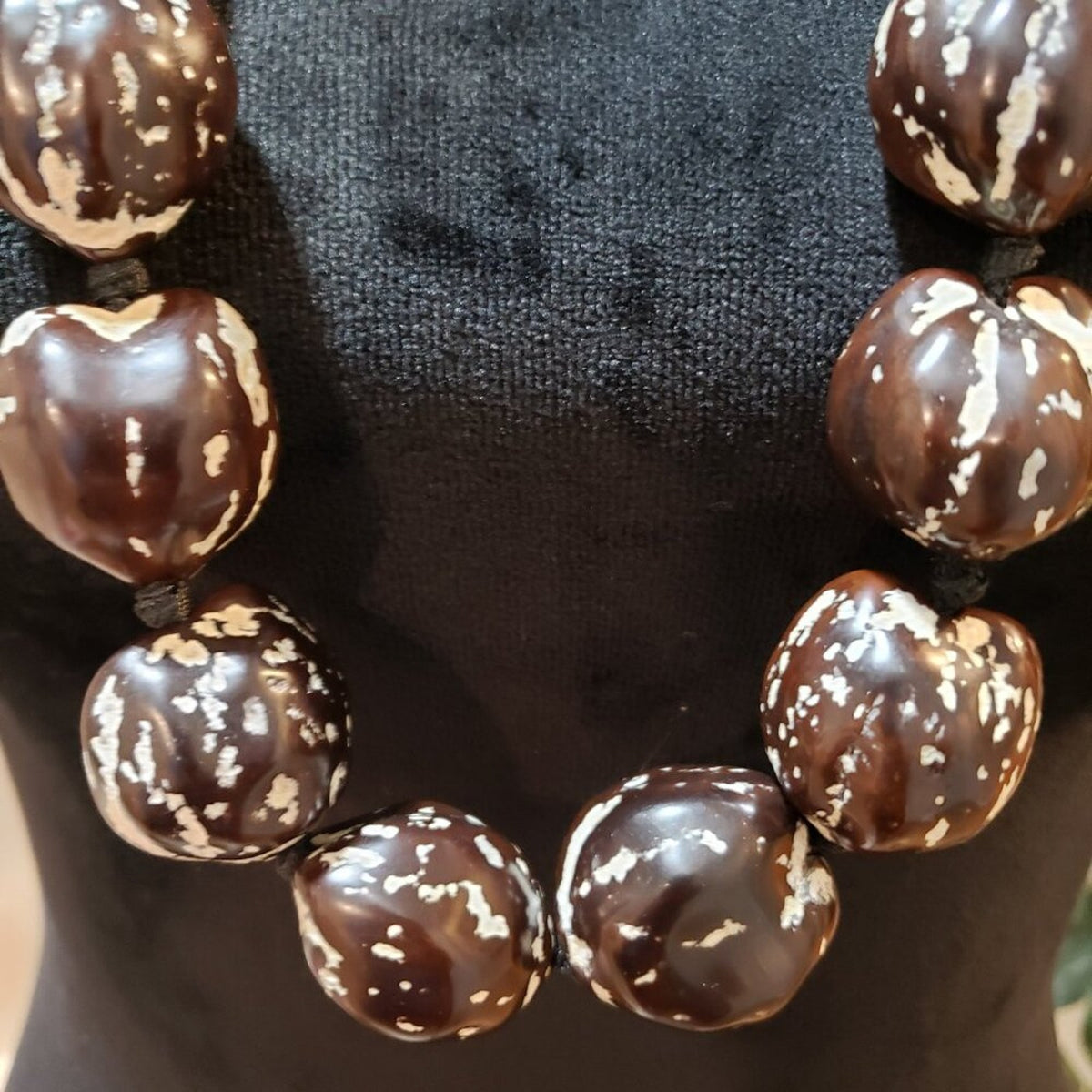 Women Fashion Brown Lumbang Kukui Nut Seed Collar Necklace with Lei Ribbon Clasp