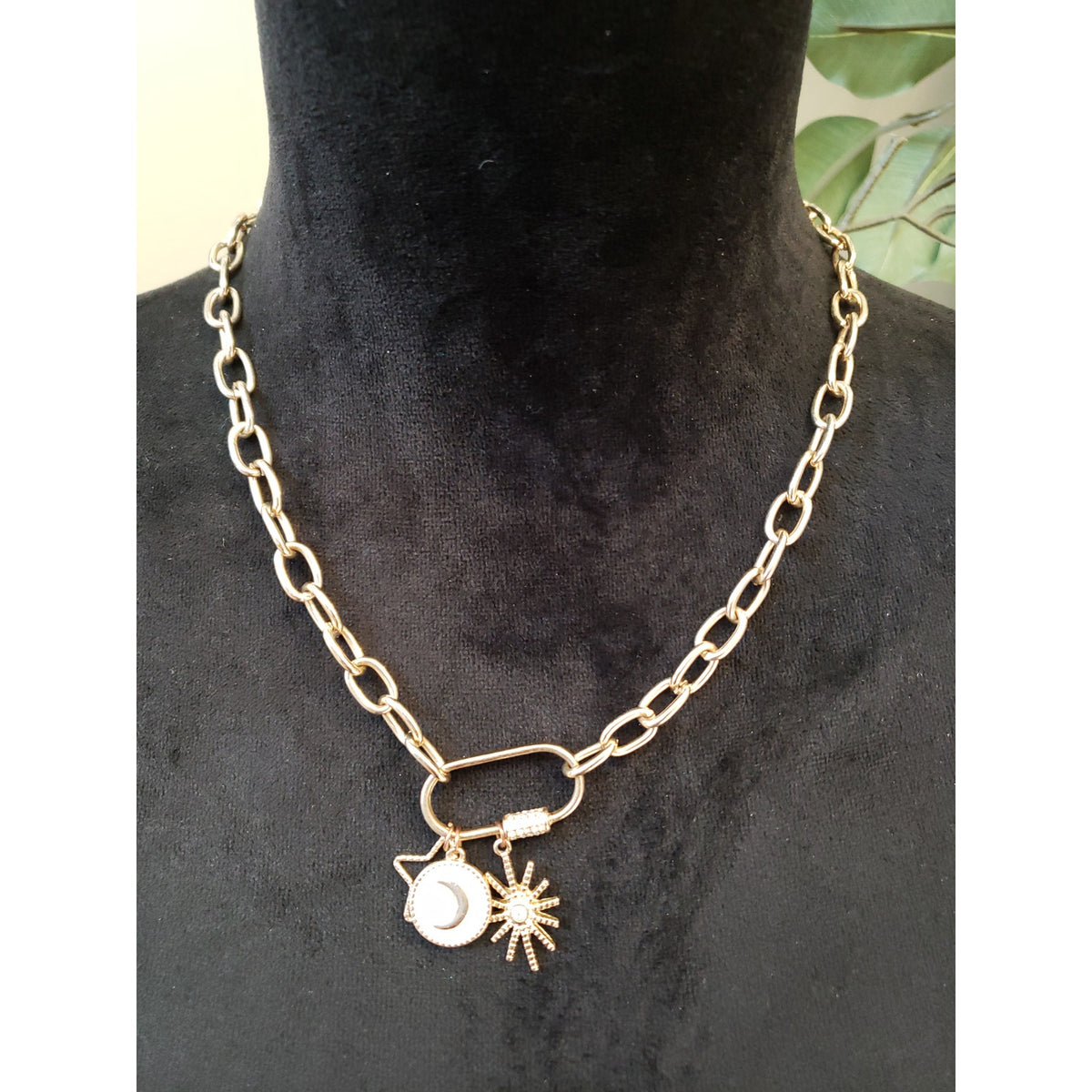 Women Gold Chain Necklace Moon Sun Charm Carabiner Lock Fashion Jewelry