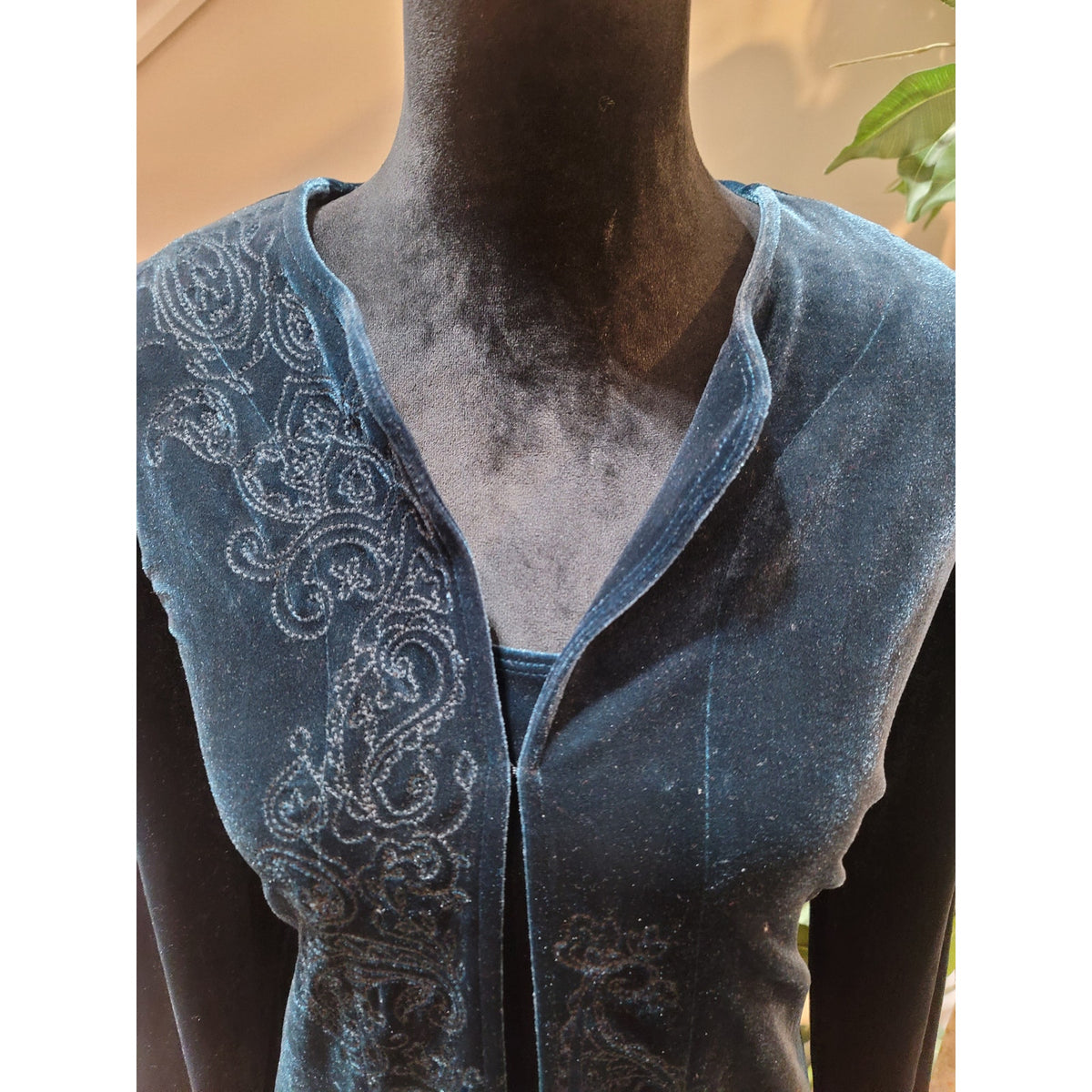 Chicos 2 Pc Cardigan Sweater Women SZ 2 Dark Blue Paisley Scoop Neck Long Sleeve