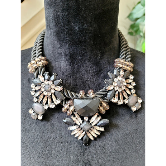 Black Gray Crystal Floral Statement Necklace Chunky Bib Rhinestone Glam Jewelry