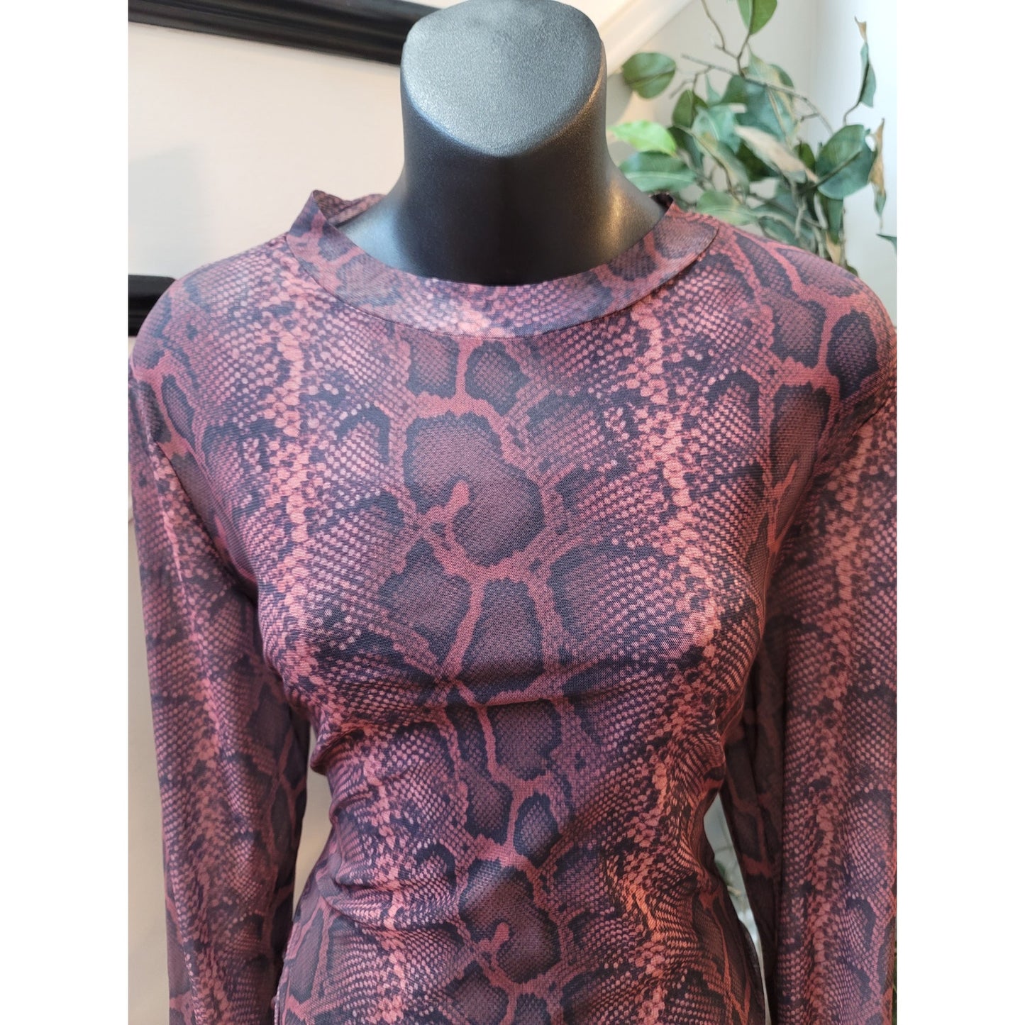 Bodycon Dress Women XL Purple Snake Print Mock Neck Long Sleeve Ruched