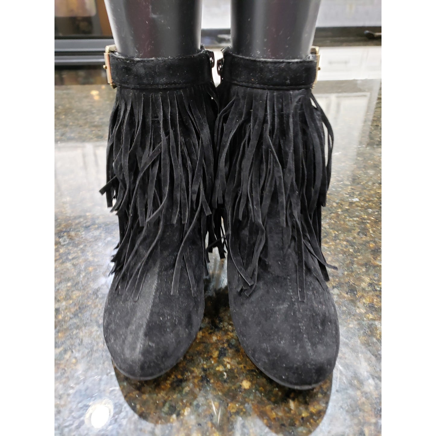 Forever Fringe Booties Women's 7.5 Black Suede Round Toe Stiletto Heel Side Zip