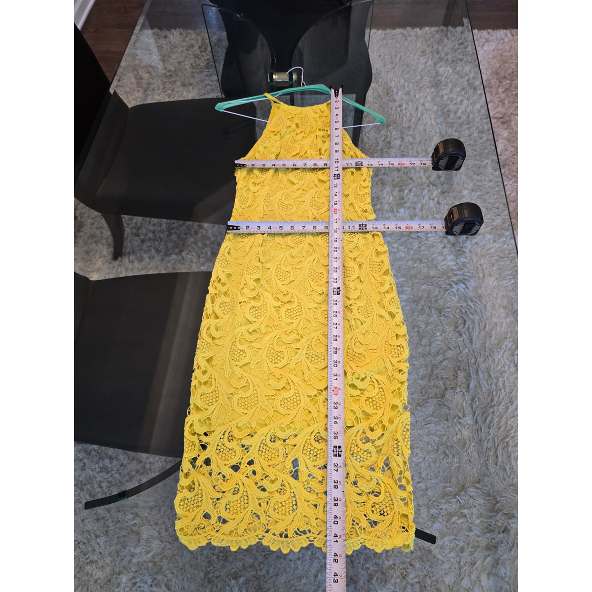 Midi Dress Womens Chest XS Yellow Floral Crochet Lace Back Zipper Halter Neck .