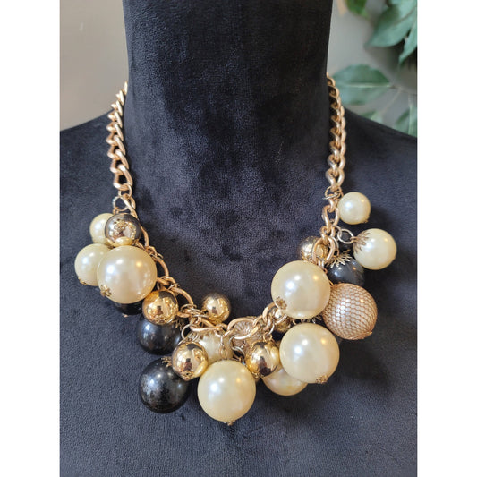Women's Gold Pearl Black Beaded Necklace Lobster Clasp Chunky Statement