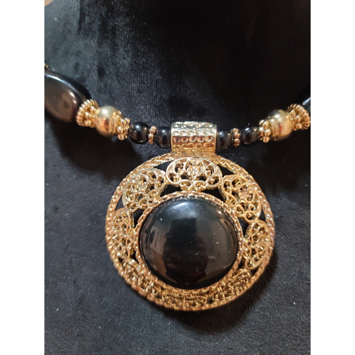 Womens Black Beaded Necklace With Large Gold Filigree Pendant By Sophia And Kate