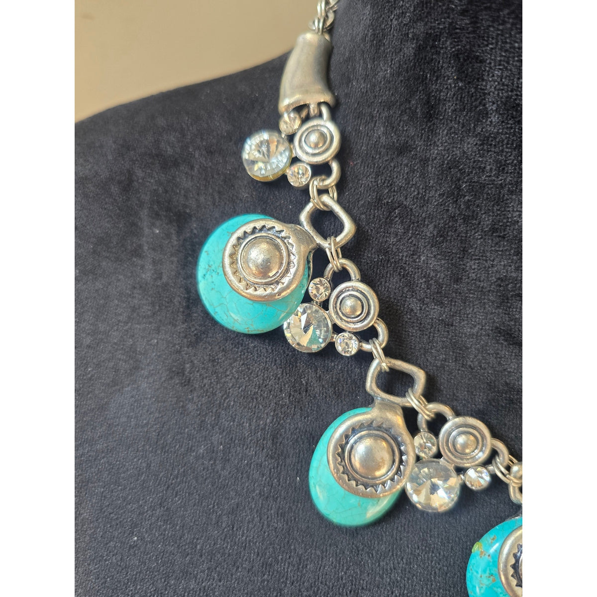 Turquoise Blue Medallion Charm Statement Necklace Silver Tone Boho