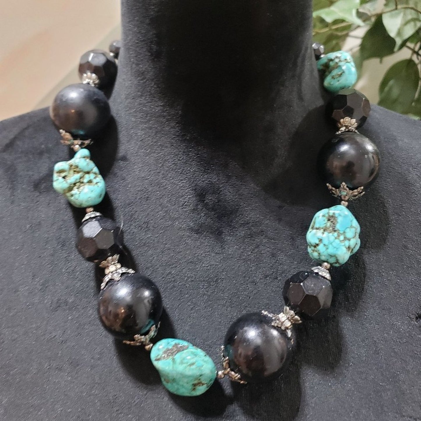 Womens Blue Black Turkey Turquoise Round Onyx Beads Gems Stone Necklace
