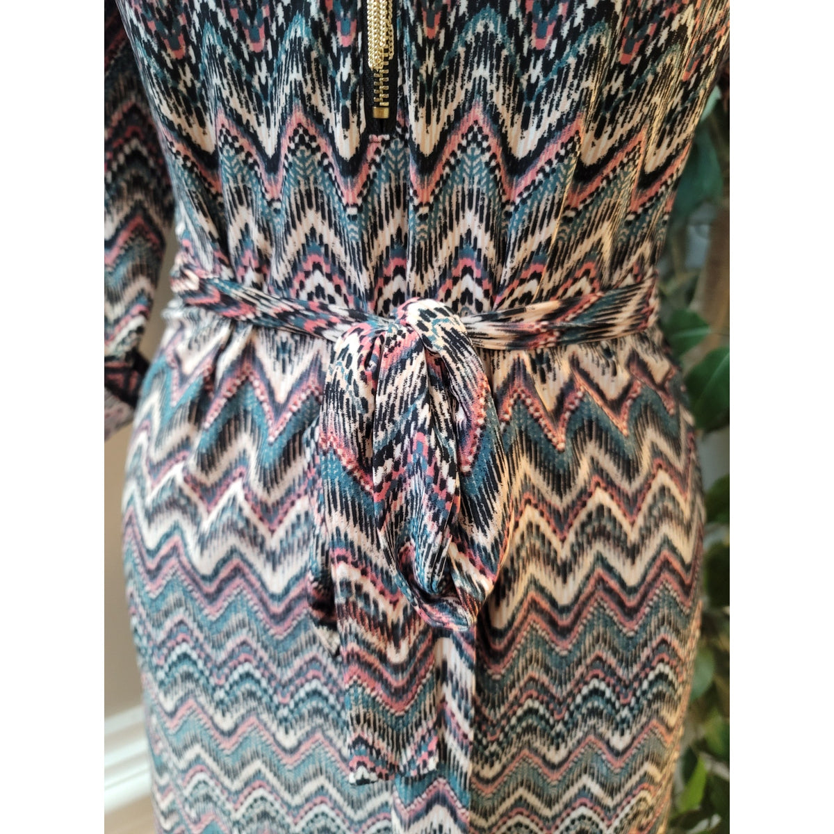 Tacera Dress Womens Small Multicolor Chevron Print V Neck Belted Long Sleeves
