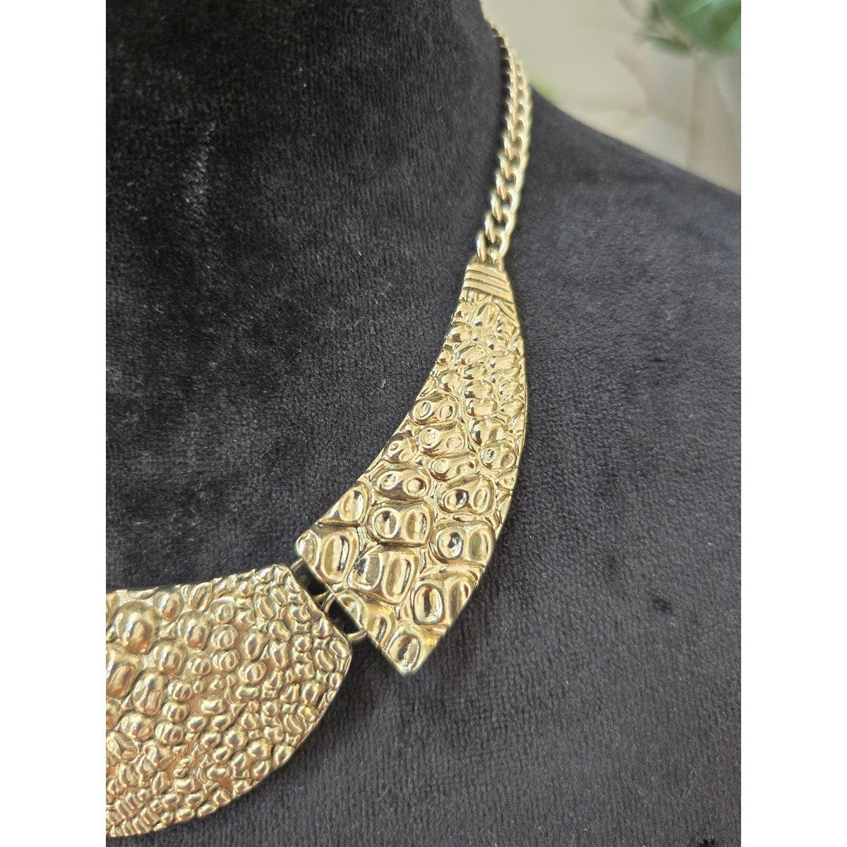 Gold Tone Textured Bib Collar Statement Necklace