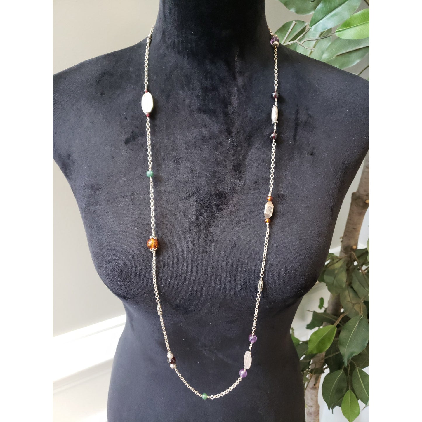 Women Long Beaded Necklace Garnet Amethyst Green Agate Silver Tone Chain