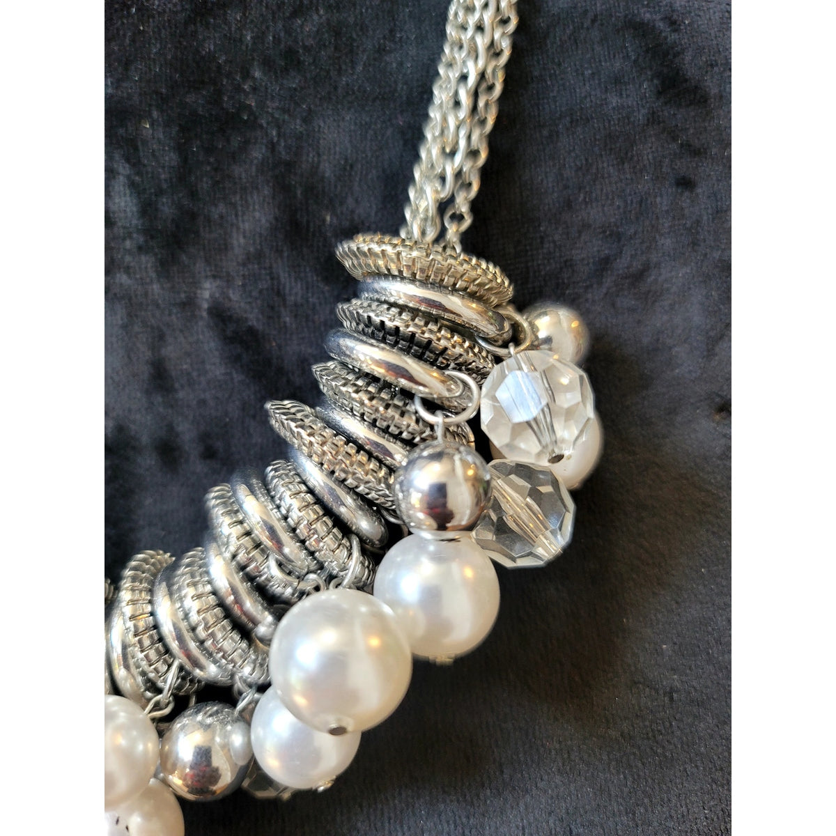 Silver Tone Faux Pearl Crystal Statement Bib Necklace Multi Strand Chunky Glam