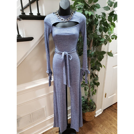 Fashion Nova Women Blue Ribbed Cutout Belted Long Sleeve Back Zip Jumpsuit XS