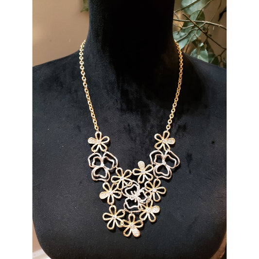Womens Two Tone Encrusted Crystal Hollow Out Metal Flowers Statement Necklace