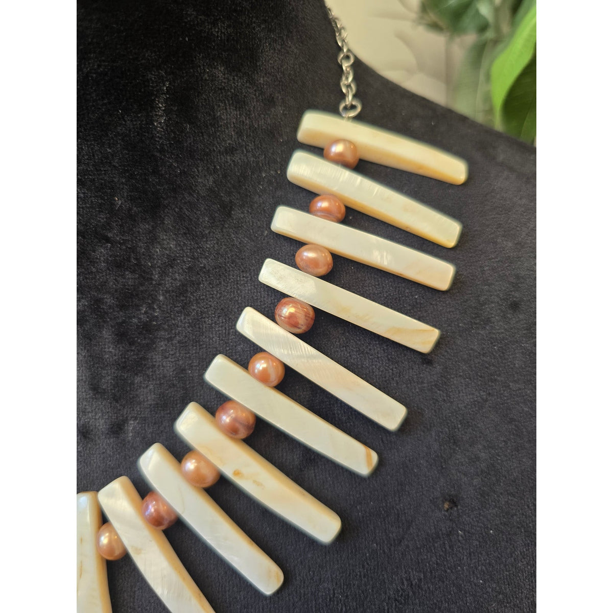Womens Mother-of-pearl Fan Stick Artisan Coastal Necklace with Lobster Clasp