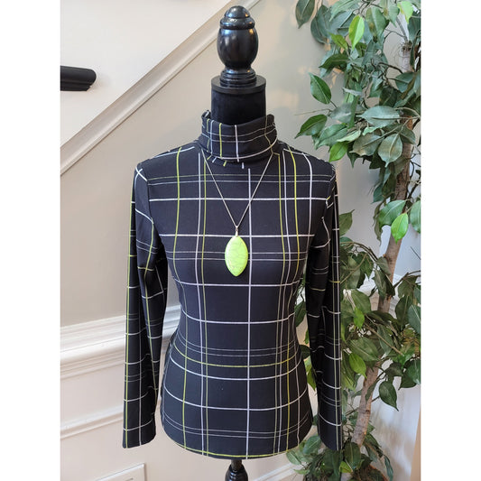 Apt 9 Blouse Small Black Plaid Stretch Turtleneck Long Sleeve Casual Pullover