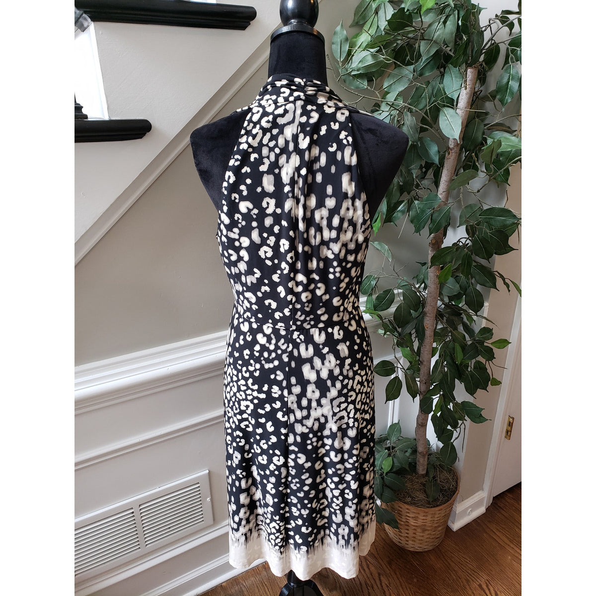 Donna Morgan Fit & Flare Dress Womens 12 Black White Leopard Stretch Sleeveless