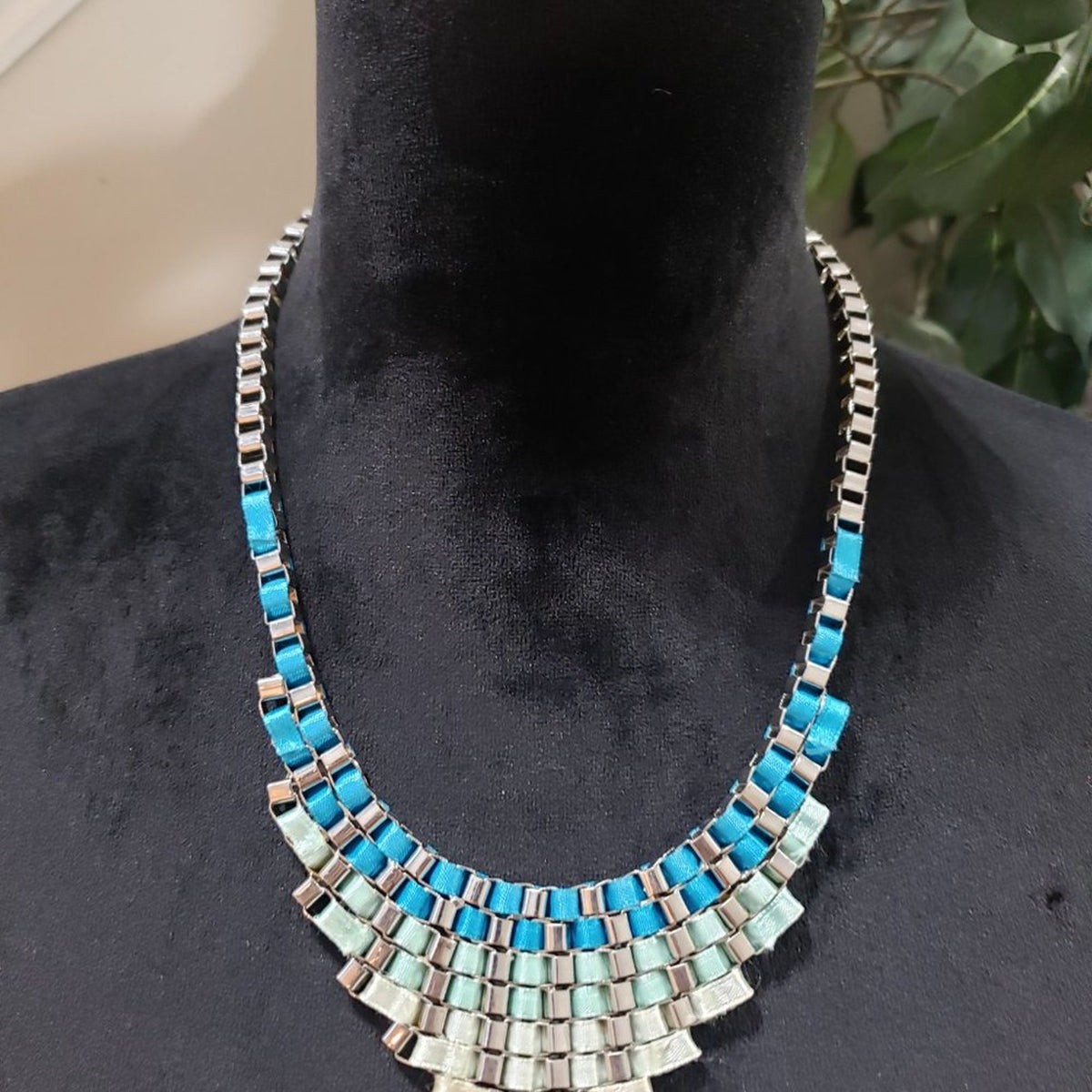 Women Fashion Monique Blue & Green Ribbon Statement Necklace with Lobster Clasp