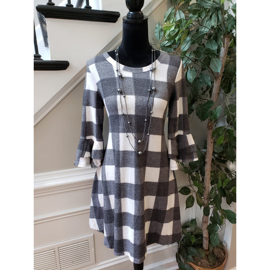 Tunic Dress Women's S White Black Check Round Neck Ruffle Sleeve Pullover