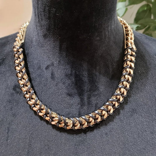 Womens Fashion Chain Link Leather Wrap Gold Tone Collar Necklace Lobster Clasp