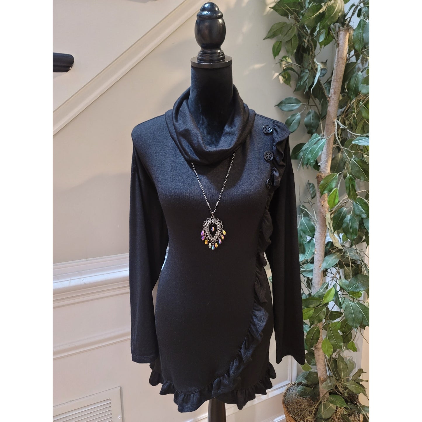 Multiples Sweater Women's Large Black Cowl Neck Long Sleeve Ruffle Hem Stretch