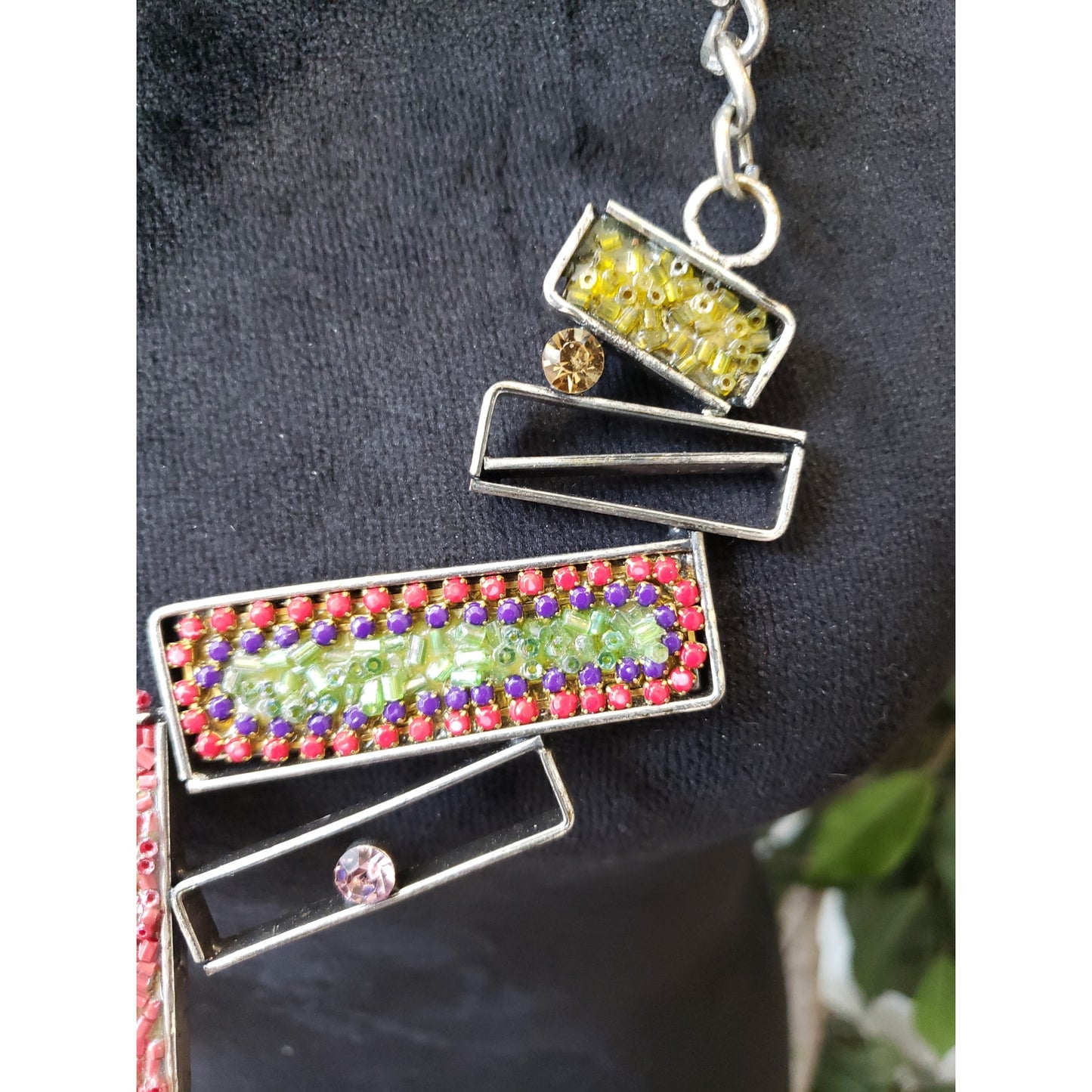 Colorful Beaded Chain Necklace with Yellow Pink & Purple Beaded Pendants