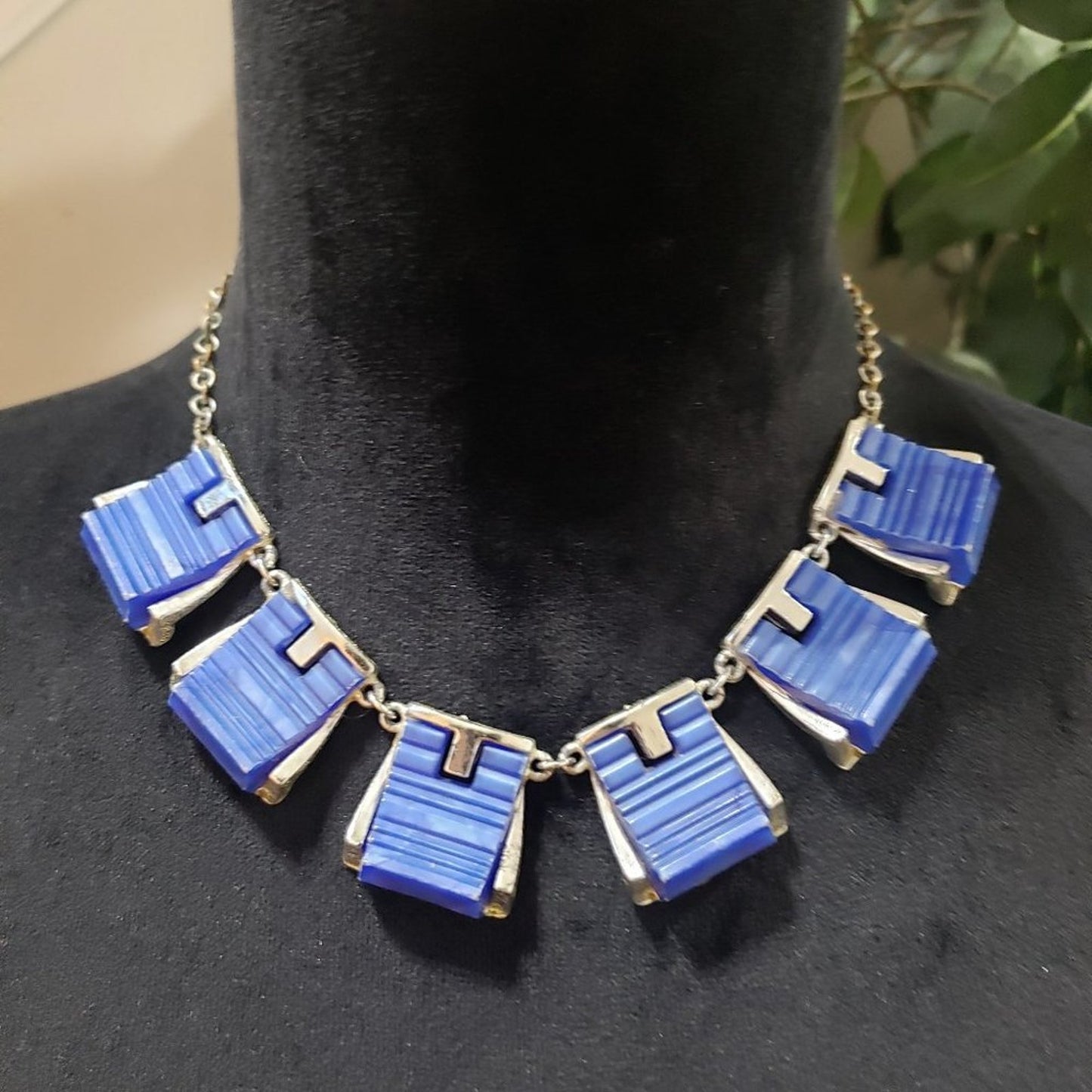 Women Fashion Gold & Blue Tone Geometric Shape Link Chain Choker Necklace