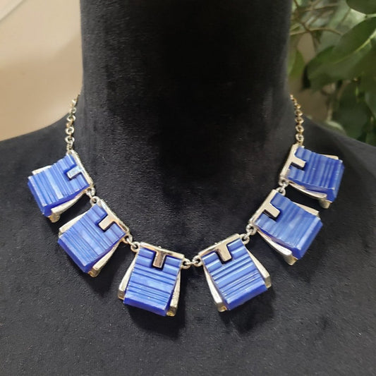 Women Fashion Gold & Blue Tone Geometric Shape Link Chain Choker Necklace