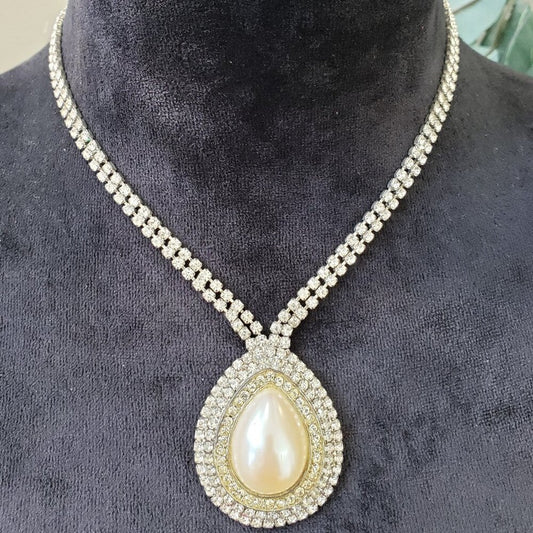 Womens 2 Strand Rhinestones Trim Bling Mabe Pearls Teardrop Pendant Necklace