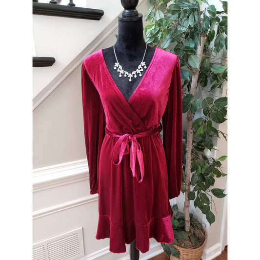 SHEIN Knee Length Dress Women's 8/10 Pink Stretch Drawstring Waist Wrap V Neck