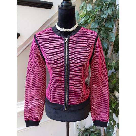 a.n.a Bomber Jacket Womens PL Pink Black Mesh Polyester Long Sleeve Full Zip