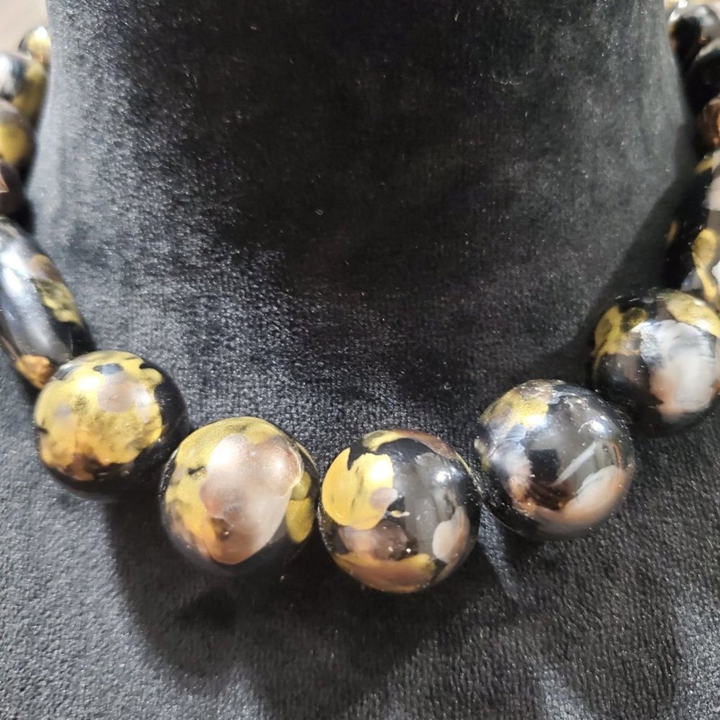 Womens Fashion Sculpted Orbs Black Gold Bead Bib Necklace with Spring Ring Clasp