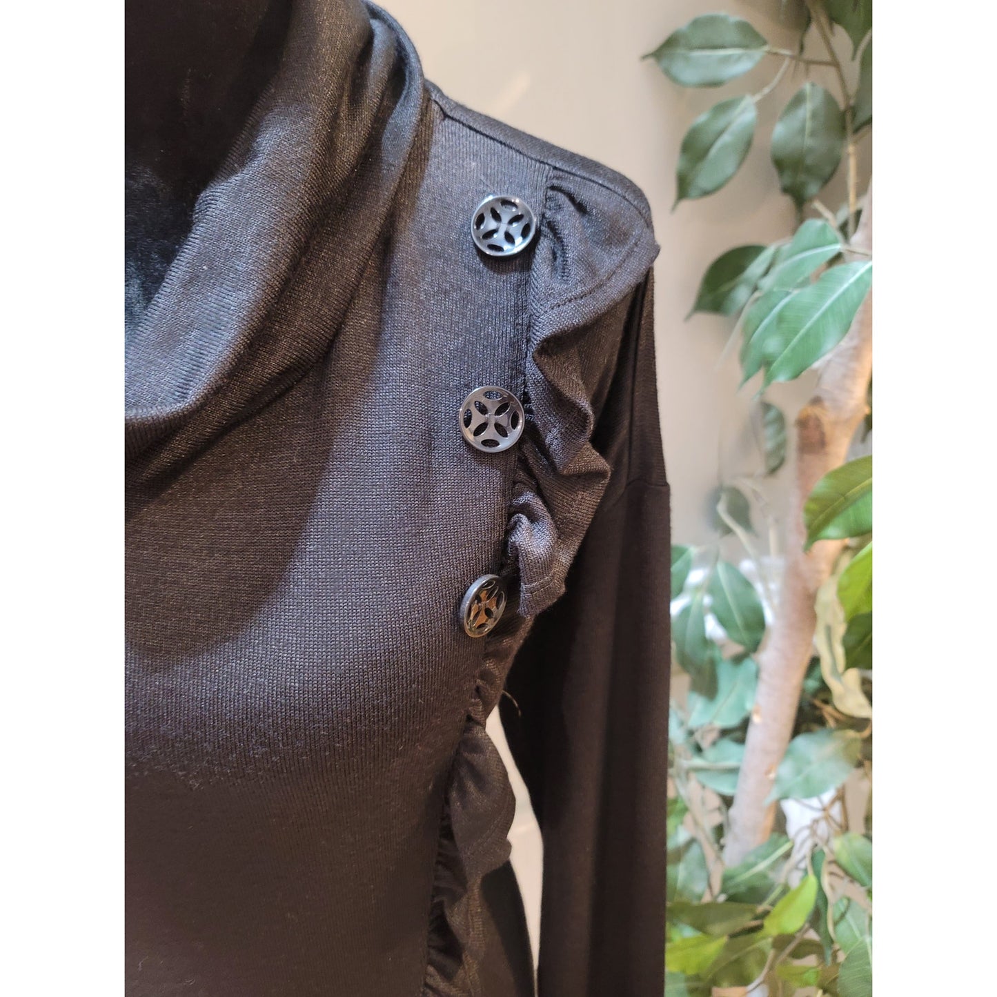 Multiples Sweater Women's Large Black Cowl Neck Long Sleeve Ruffle Hem Stretch