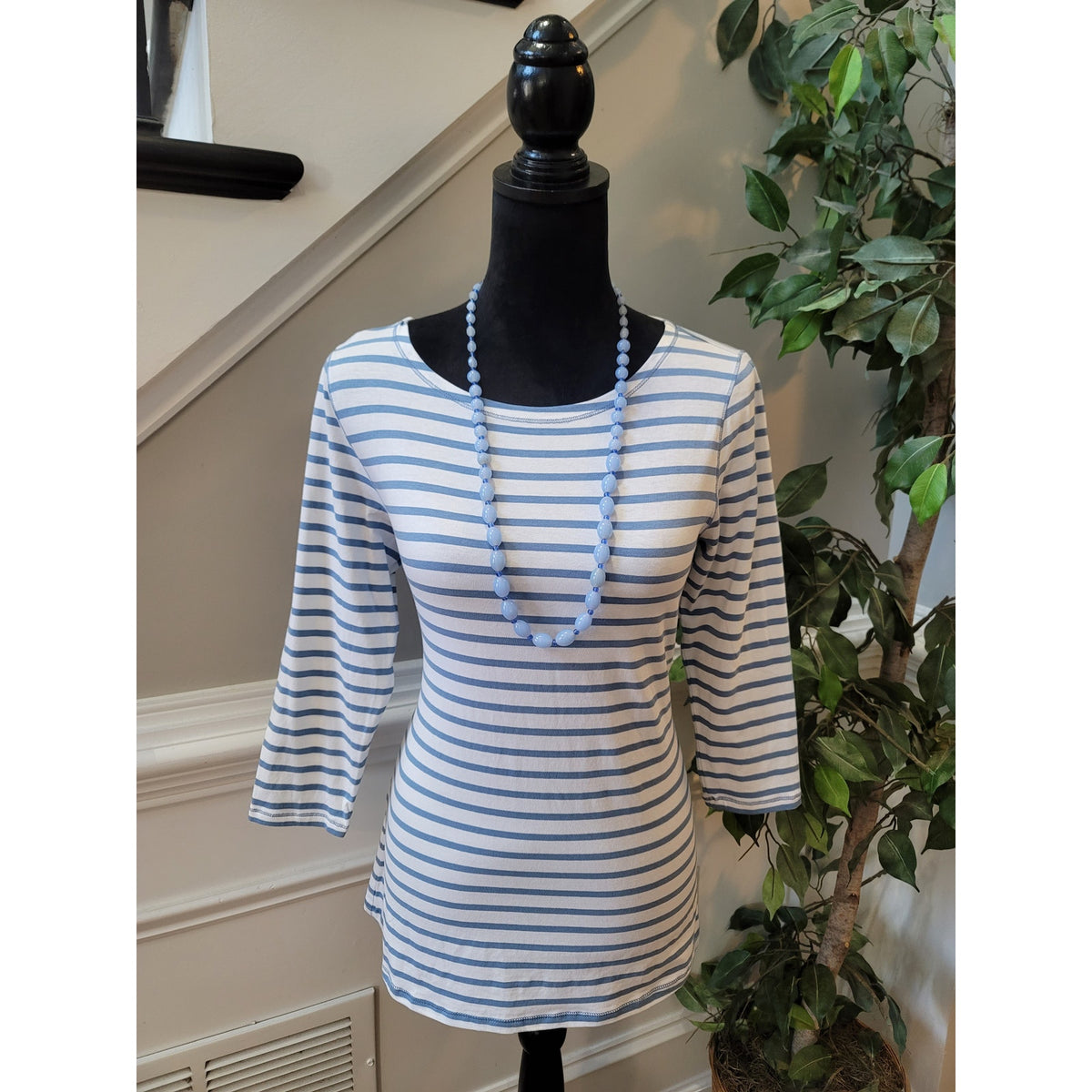 J. Jill Tunic Blouse MP White Blue Cotton Stretch Striped Scoop Neck 3/4 Sleeve