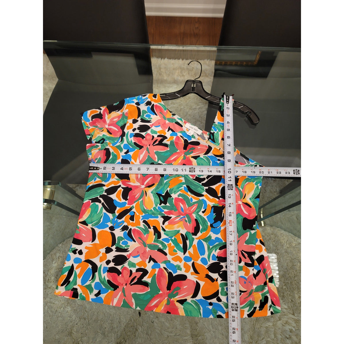 Nine West Blouse Top Women's Large Multicolor Tropical Floral One Shoulder Neck