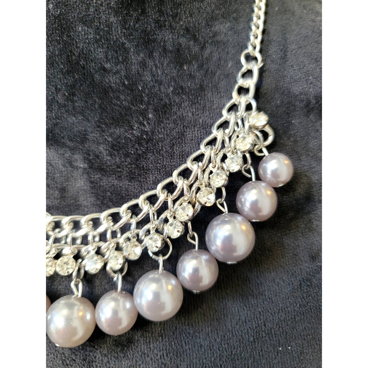 Women's Silver Tone Faux Pearl Rhinestone Bib Statement Necklace Choker Gift