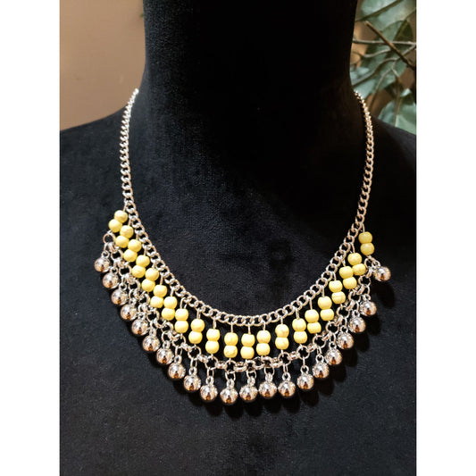Womens Fashion Yellow Jasper Silver Ball Beaded Bib Statement Necklace Jewelry
