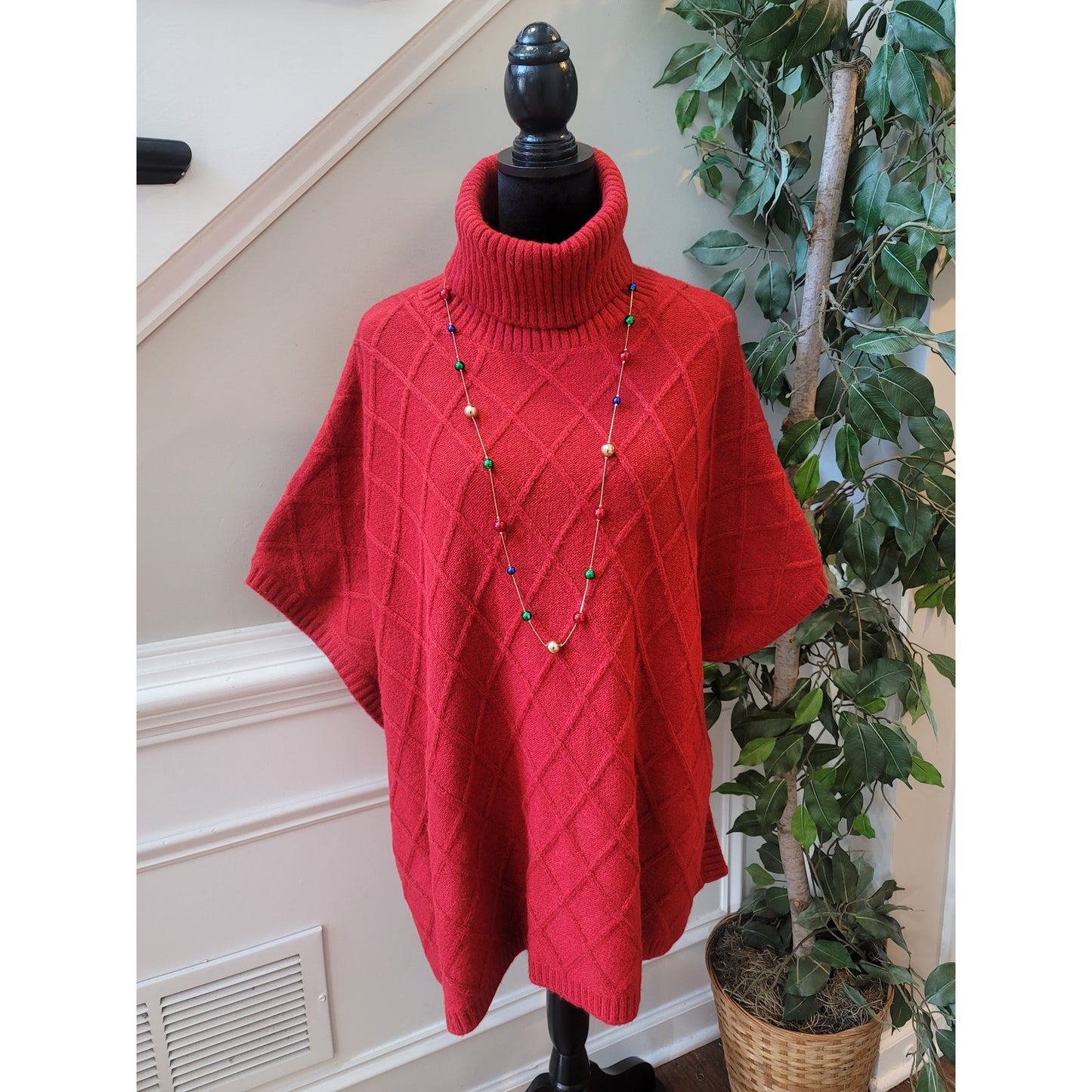 LOFT Sweater Poncho Women M/L Red Turtleneck Knit Pullover Warm Winter Top