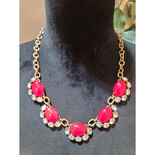 Womens Statement Necklace Red Oval Gemstones With Clear Crystals By Stella & Dot